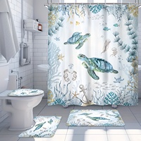 Bathroom 4-piece set - Blue Green Ocean Beach Coast Nautical Fish Plants Coral Ocean Animal Print Hook Non-slip Mat U-Shaped Mat