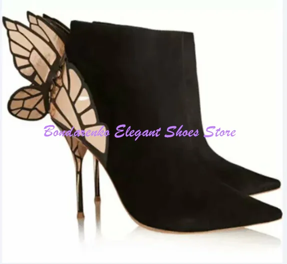Butterfly Angle Wings Lady Ankle Boots Fashion Pointed Toe Thin Heel Woman Short Boots  Sexy Stiletto Heels Party Dress Shoes