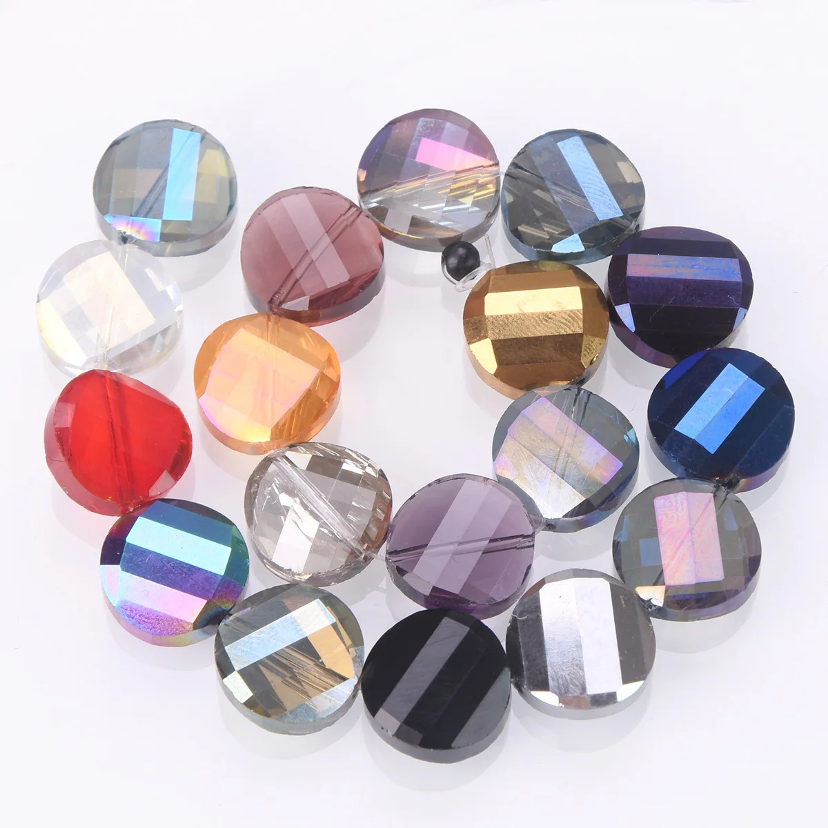 

10PCS 14mm Twisted Flat Round Colorful Plated Faceted Cut Crystal Glass Loose Beads For Jewelry Making DIY Crafts Findings