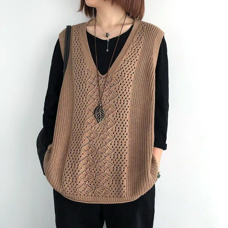 Thin Vintage V Neck Knitted Sweater Vest Hollow Out Simple All-match Autumn Korean Style Loose Female Pullovers Sleeveless Vest