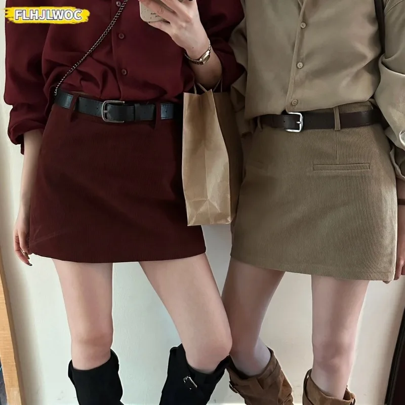 Corduroy Cotton Blend Skirt Chic Japan Girls Korea Style Cute Sweet Women Formal High Waist A Line Short Skirts With Belt