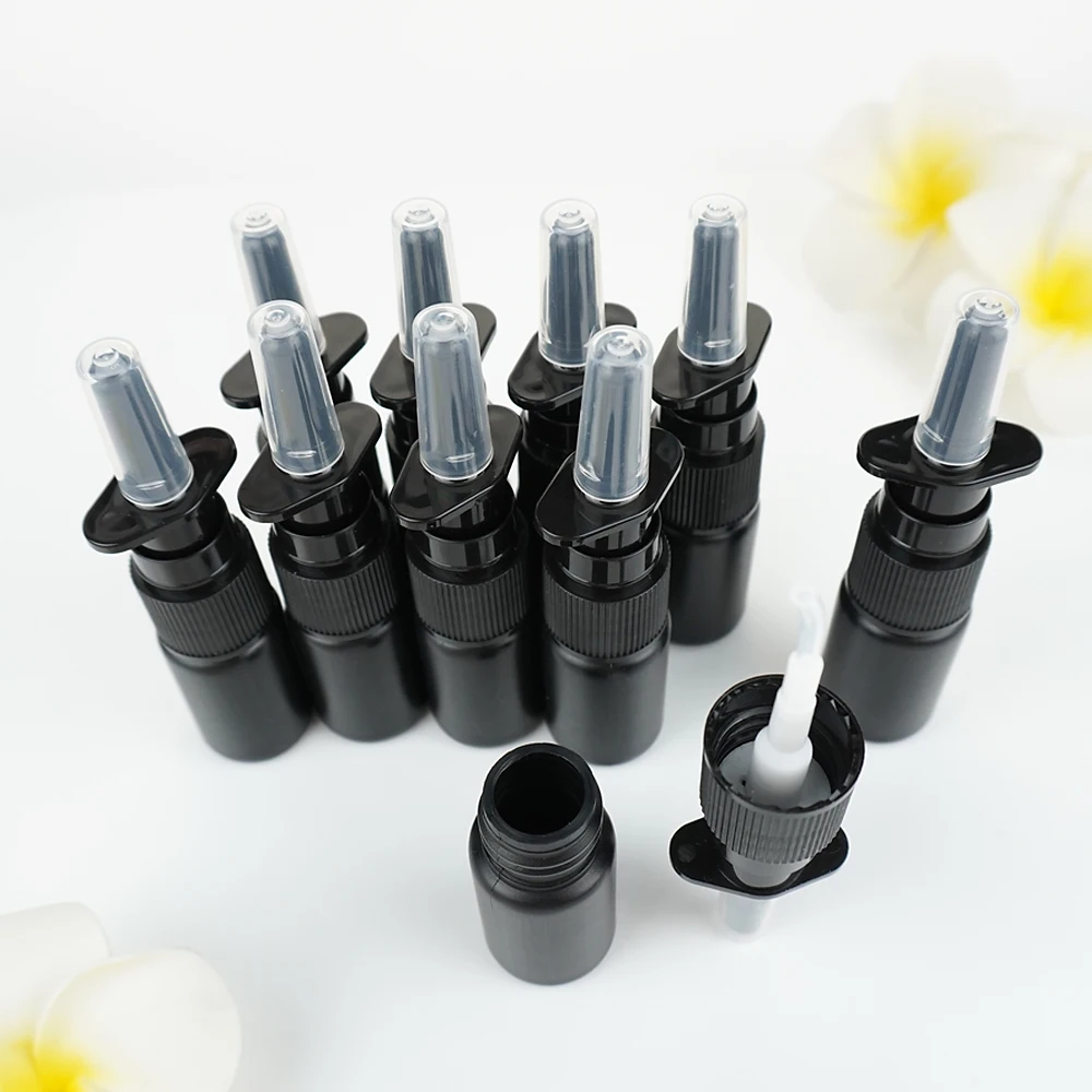 100/200 stücke 10 ml HDPE Schwarz Leere Nasenspray Flasche Pumpe Sprayer Nebel Nase Spray Flasche Tragbare Nachfüllbare Abfüllung verpackung