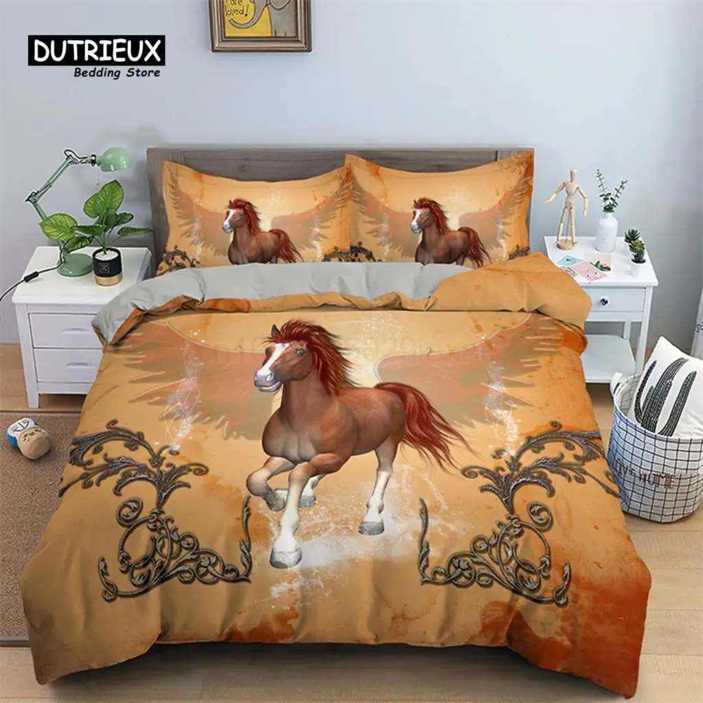 Horse Duvet Cover 3D Steed Farm Animal Comforter Cover Polyester Exotic Style Western Cowboys Bedding Set Twin For Kids Boy Teen