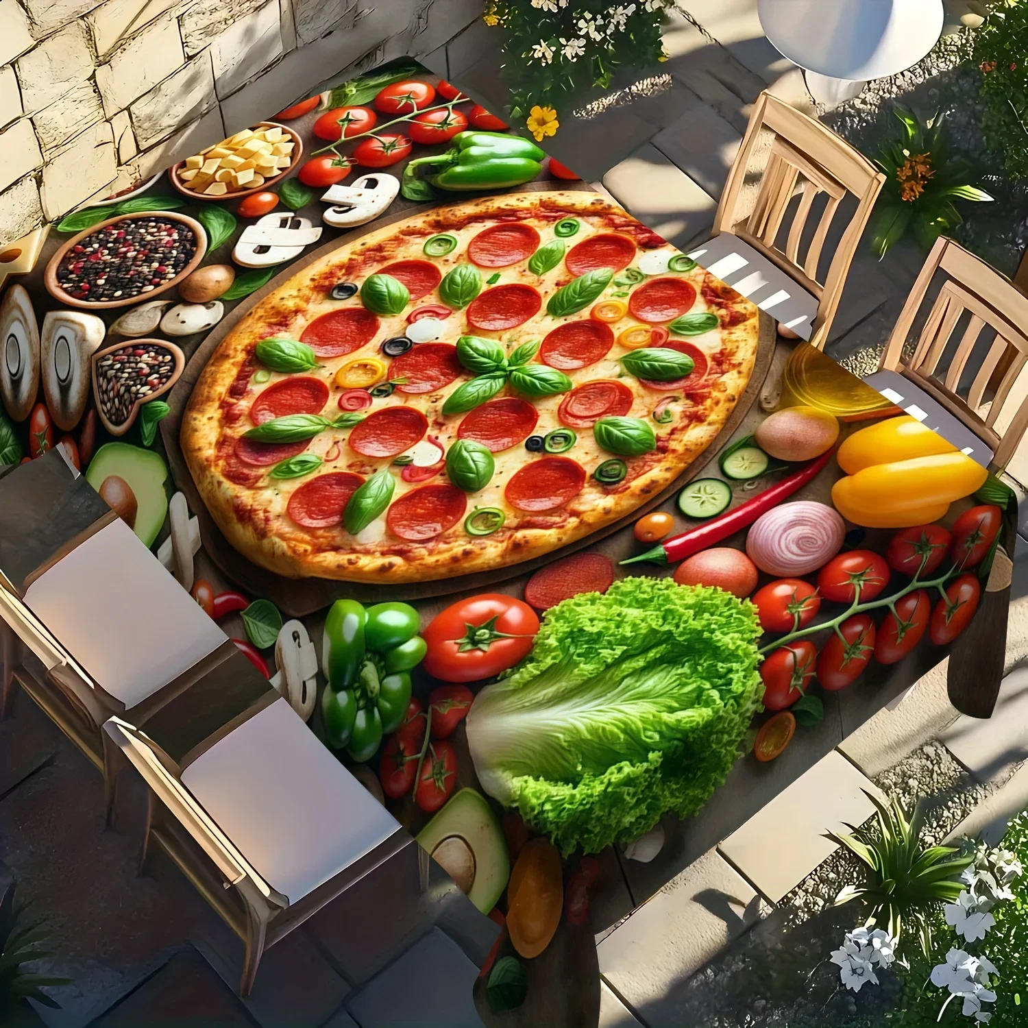 One creative pizza and a tablecloth with vegetable patterns, made of durable polyester fabric, is perfect for families.xzj