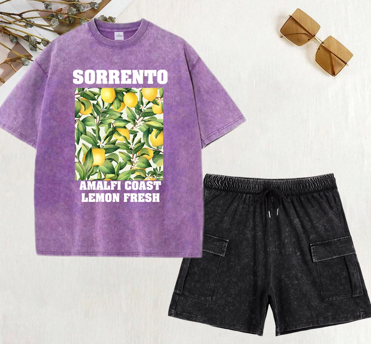 

Sorrento Amalfi Coast Lemon Fresh Print Women Washed Shorts Set Summer Cotton Pants Loose Street T-Shirts Hip Hop Casual T Shirt