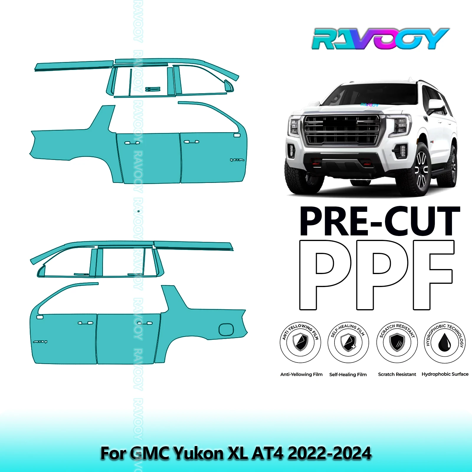 

For GMC Yukon XL AT4 2022-2024 8.5mil Clear Matte Pre-Cut PPF Door & A/B Pillar Kit TPU Paint Protection Film Set