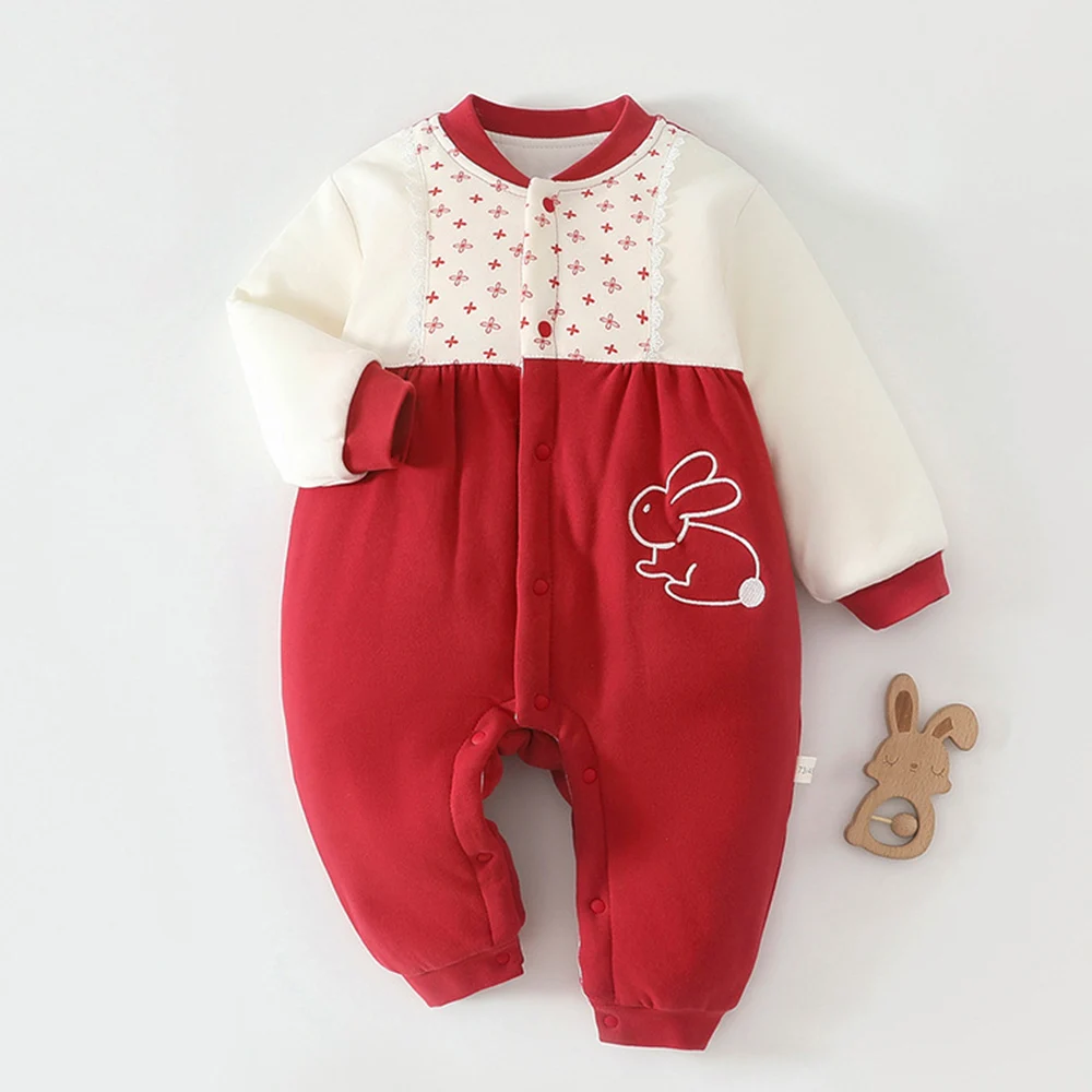 

Christmas Baby Romper Long Sleeve Quilted Thicken Warm Baby Girl Winter Clothes Red Color Chinese New Year Infant Jumpsuit