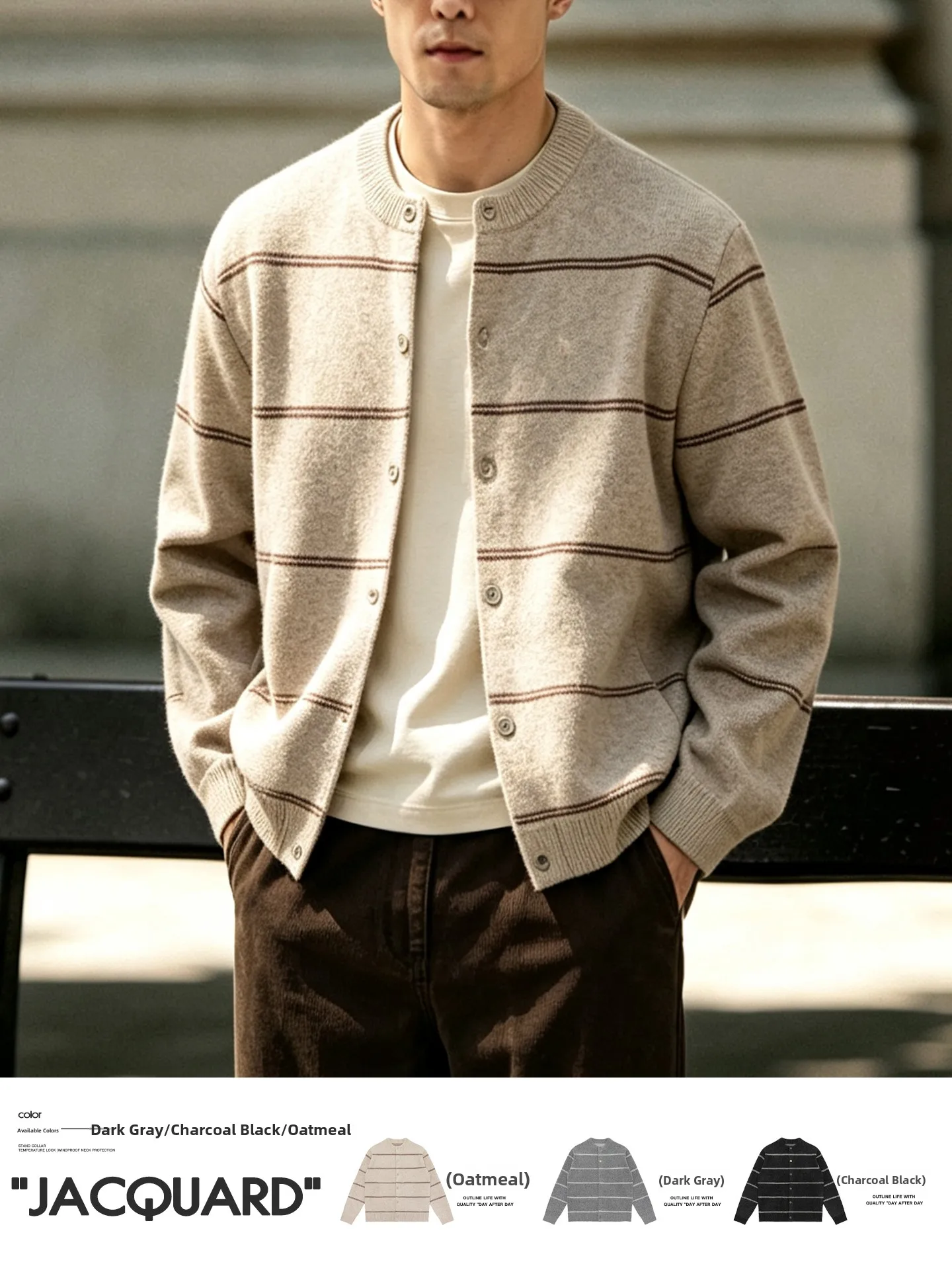 Men's Oatmeal Striped Knitted Cardigan Long Sleeve Commute Wool Blend Sweater Jacket Soft Polyester Fiber Casual Style