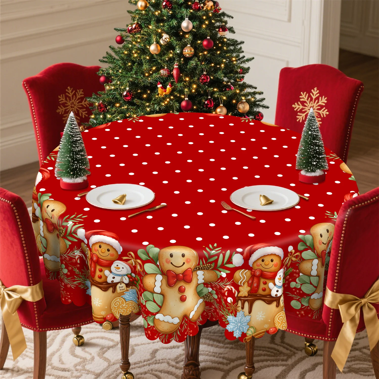 Gingerbread Man, Muffins, Pine Branches, Holly Leaves, Berries, Christmas Tablecloth 1 Pack, Suitable for Indoor and Outdoor