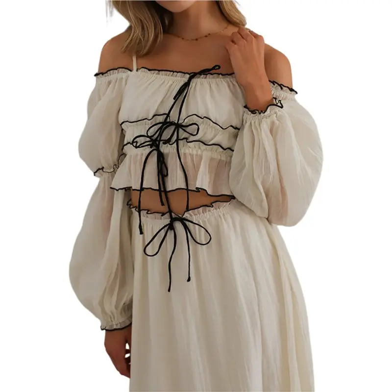 

CYL-Женский комплект из 2 предметов: топ с контрастной отделкой и рюшами по низу и макси-юбка