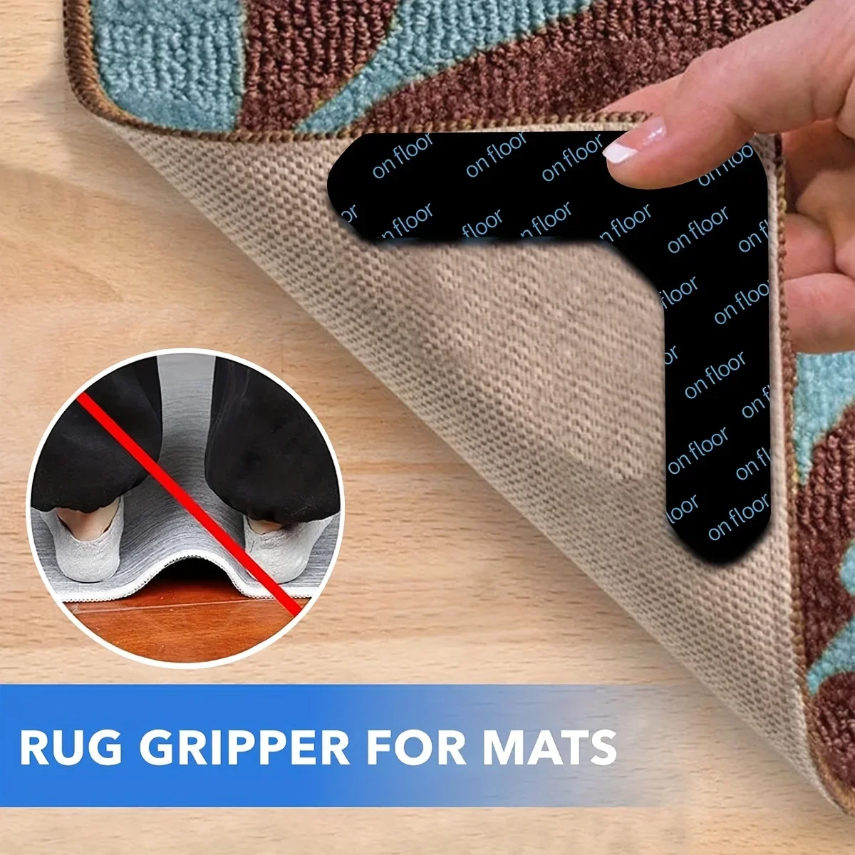 4Pcs Reusable Washable Non-Residue Anti-Curling Rug Grippers, Non-Sticky Floor Mat Holders for Home & Bathroom Carpets