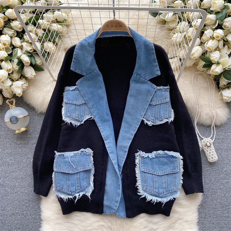 

Vintage Frayed Burrs Big Pocket Cowboy Patchwork Knitted Sweater Cardigan Jacket Spring Autumn Casual Lapel Long Sleeve Knitwear