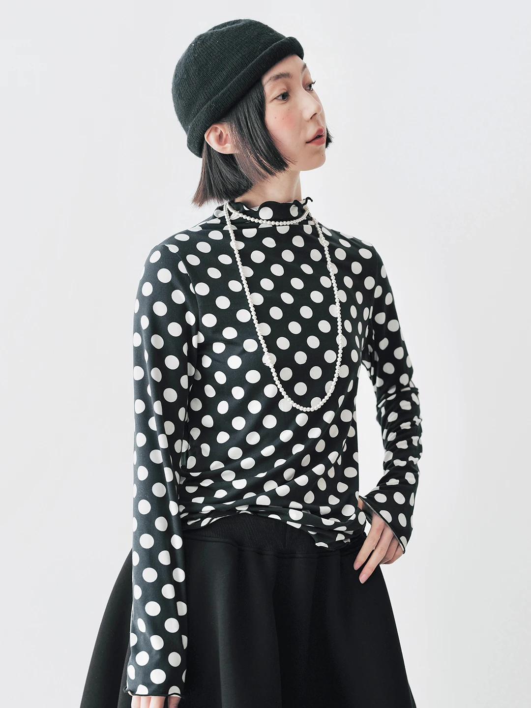 imakokoni 2024 early autumn new item polka dot base slimming T-shirt half high neck long sleeved 244783