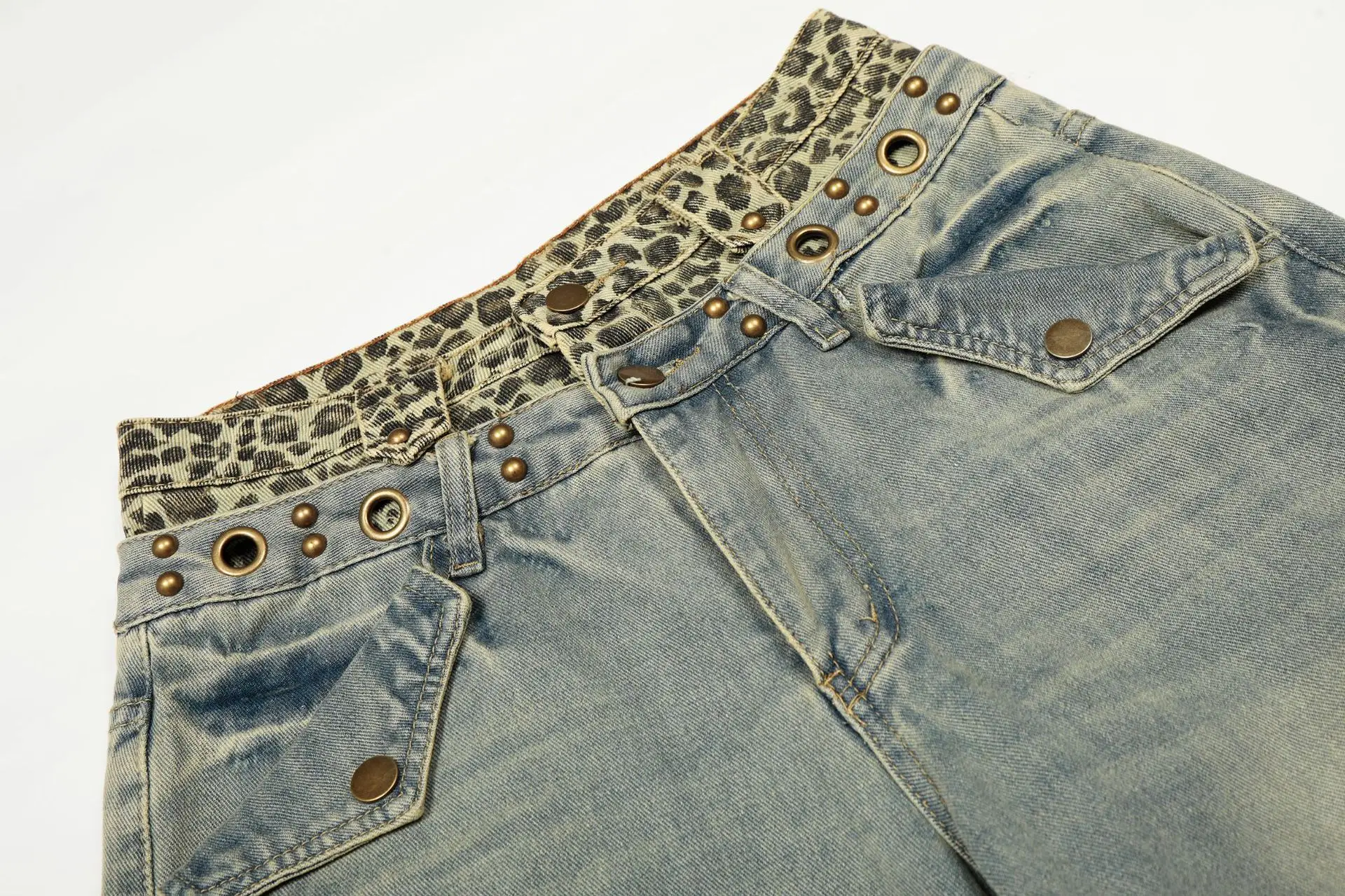 Retro Leopard Waist Rivet Patchwork Baggy Jeans Men Women High Waist Wide Leg Pants Washed Denim Trousers