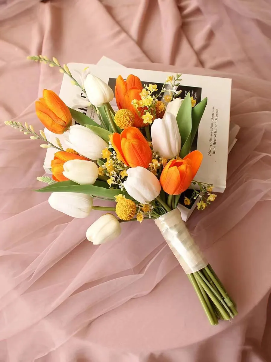 

Orange Wedding Bouquet Handmade Artificial Flower Tulips Grass Buque Casamento Bridal Bouquet For Wedding Mariage Accessories