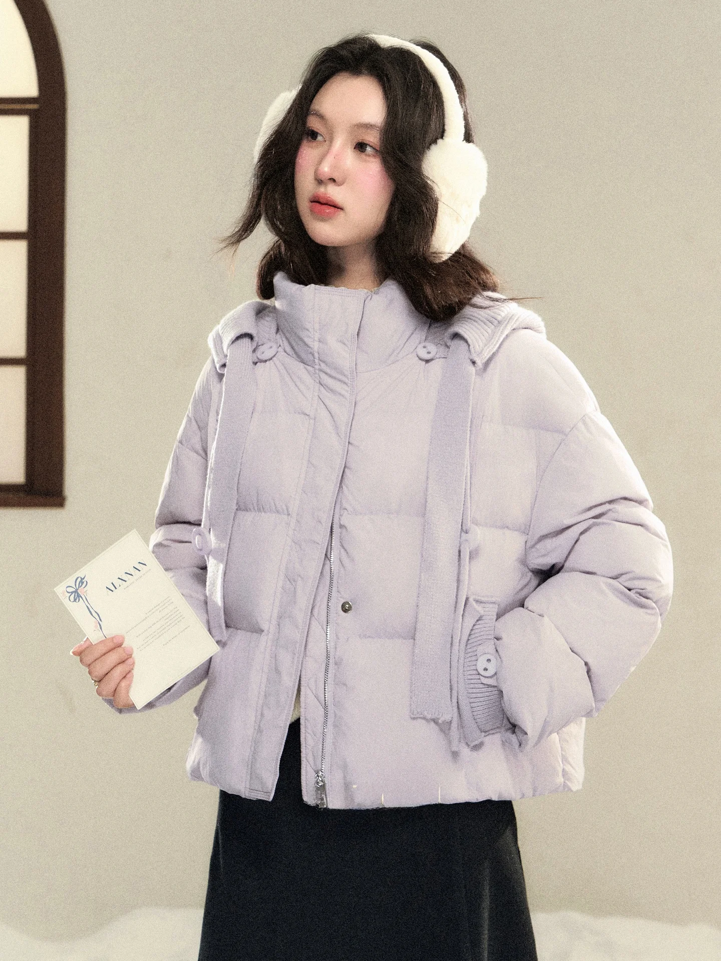 

Loose Fit Women's down Jaet Hooded Du down ort Coat Casual Sle Pure Color Design Winter Outerwear by Lu Xiang Nán