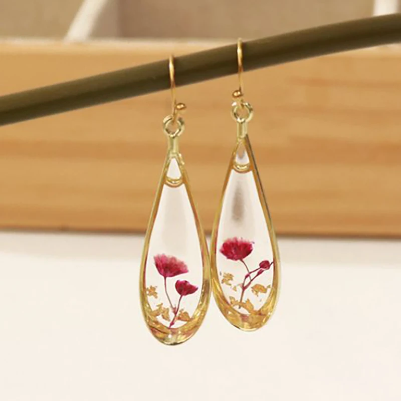 Natural Flower Drop Earrings Unique Epoxy Resin Flowers Earrings Women Elegant Pressed Flowers Drop Earrings Statement Jewelry