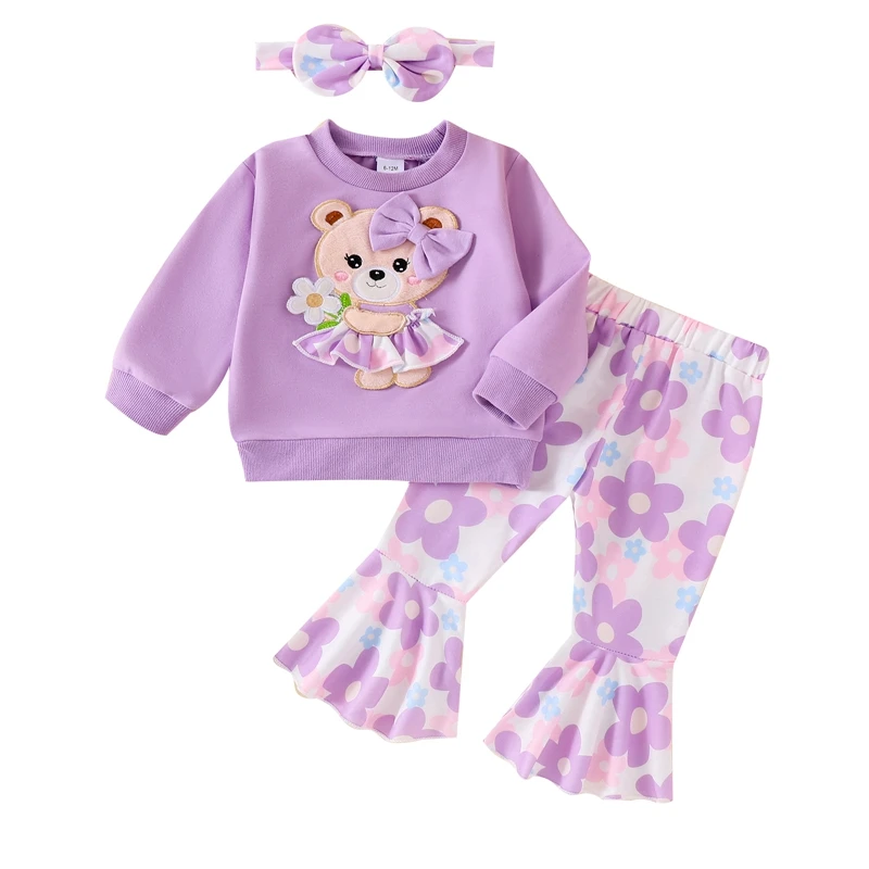 

Toddler Girl Fall Outfits Bear Embroidered Long Sleeve Sweatshirts Flower Print Flare Pants Headband 3Pcs Clothes Set