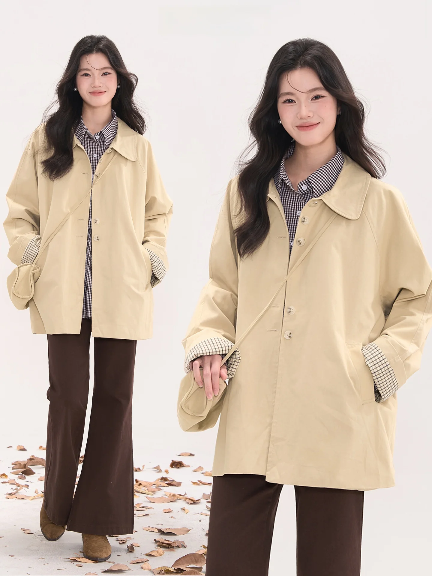 

Корейская женская ветровка в клетку с длинными рукавами, весенне-осенняя, из хлопка, свободного кроя