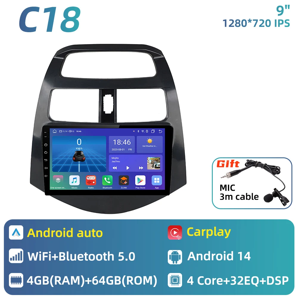 Auto radio voor Chevrolet Spark 2010 - 2014, multimediaspeler, Android Auto, GPS navigatie, head unit, stereo, 2 DIN, 4G