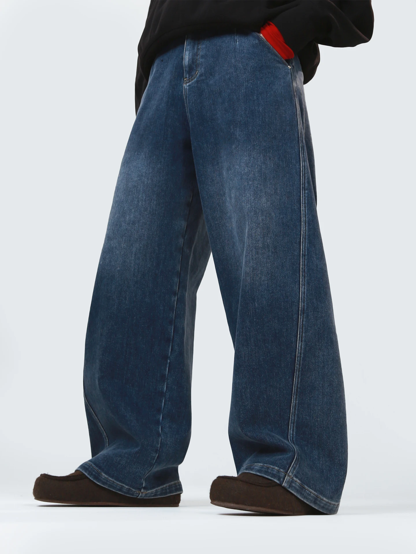 

High Waist Fce Lined Denim Jeans Women's Classic Versatile Wide Leg Banana Pants Retro Sle Cotton Stretch Denim Blue