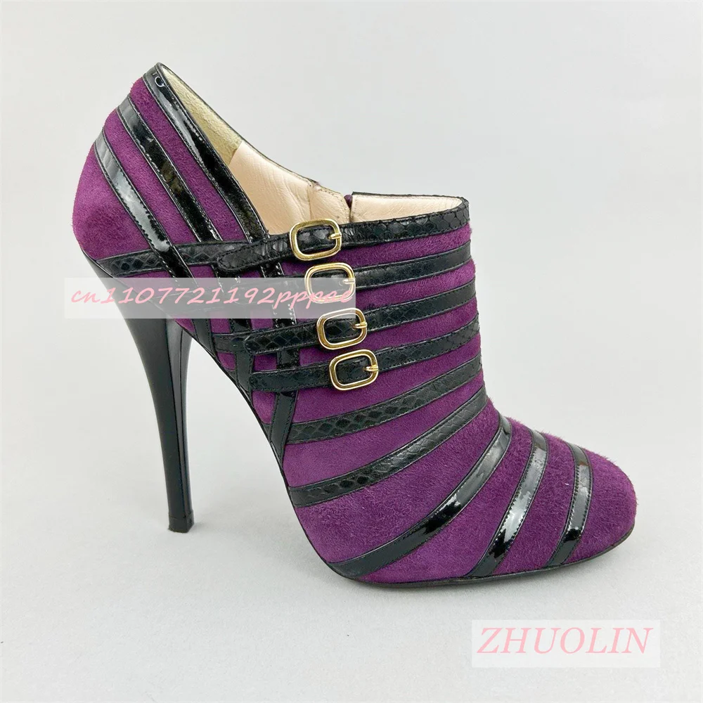 Nowe Wiosenne Fioletowe Zamszowe Botki Damskie Niskie Szpilki Casualowe Modne Buty na Imprezę z Paskiem na Klamrę Klapki Rozmiar 46