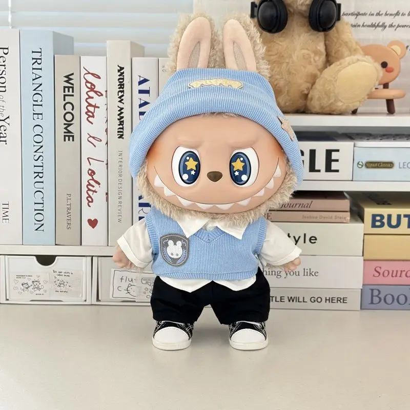 38 cm Labubu Plüschpuppen-Outfit, rosa Häschen-Stil, Tweed-Stoff, Spitzenbesatz, Perlendekor, exquisites Kawaii-Kostüm