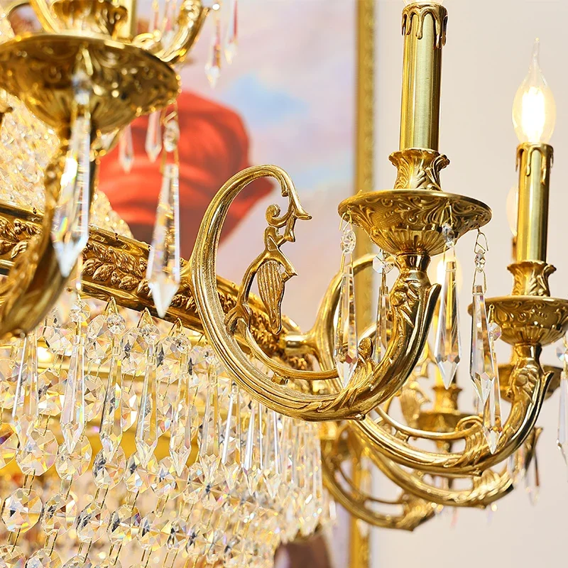 2026 French Style All-copper Crystal Chandelier European Style Luxury Duplex Villa Retro Large Chandelier Atmospheric Staircase
