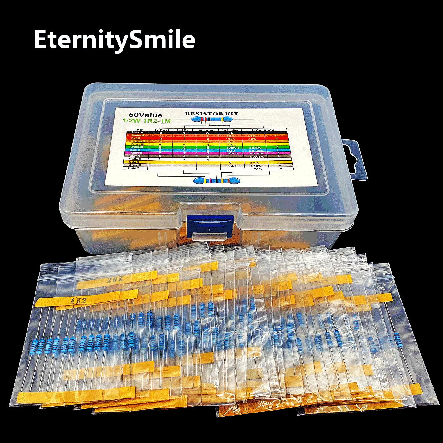 500Pcs New 50 Values 1/2W 0.5W 1% Metal Film Resistor Assortment Kit Set Resistor Samples Kit （1.2R-1M ohm)