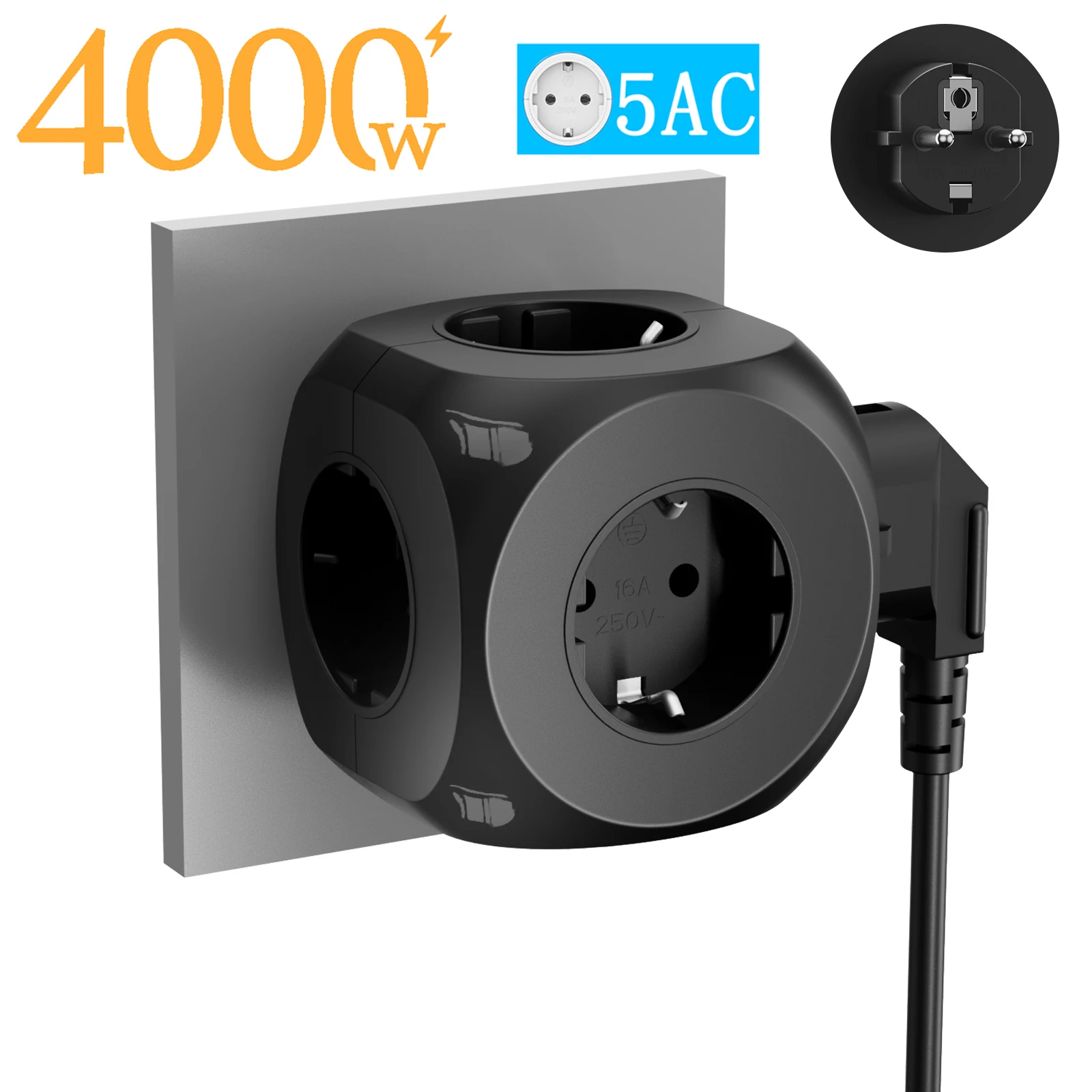 5-in-1 EU Plug Wall Mounted Multitap 4000W Power Strip 5 AC EU Plug European standard plug Outlets Suitable For home outdoor etc