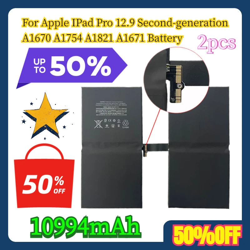2 uds 10994mAh para Apple IPad Pro 12,9 batería A1670 A1754 A1821 A1671 de segunda generación
