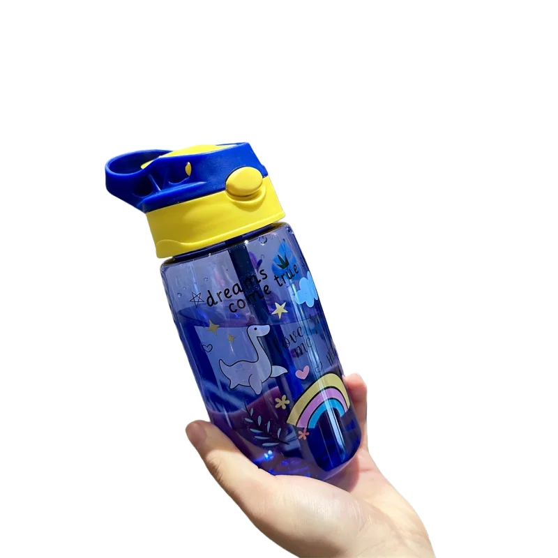 زجاجة مياه لطيفة 480 مل، زجاجة مياه محمولة متينة سعة 500 مل مع قش ومقبض، مادة كمبيوتر خالية من مادة BPA، غطاء قابل للغلق مانع للتسرب