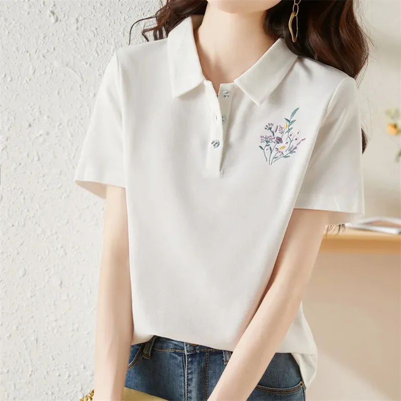 2025 Summer New Female High End Embroidered Flower Short Sleeve Flip Collar T-shirt For Women Half Sleeve Polo Collar Top