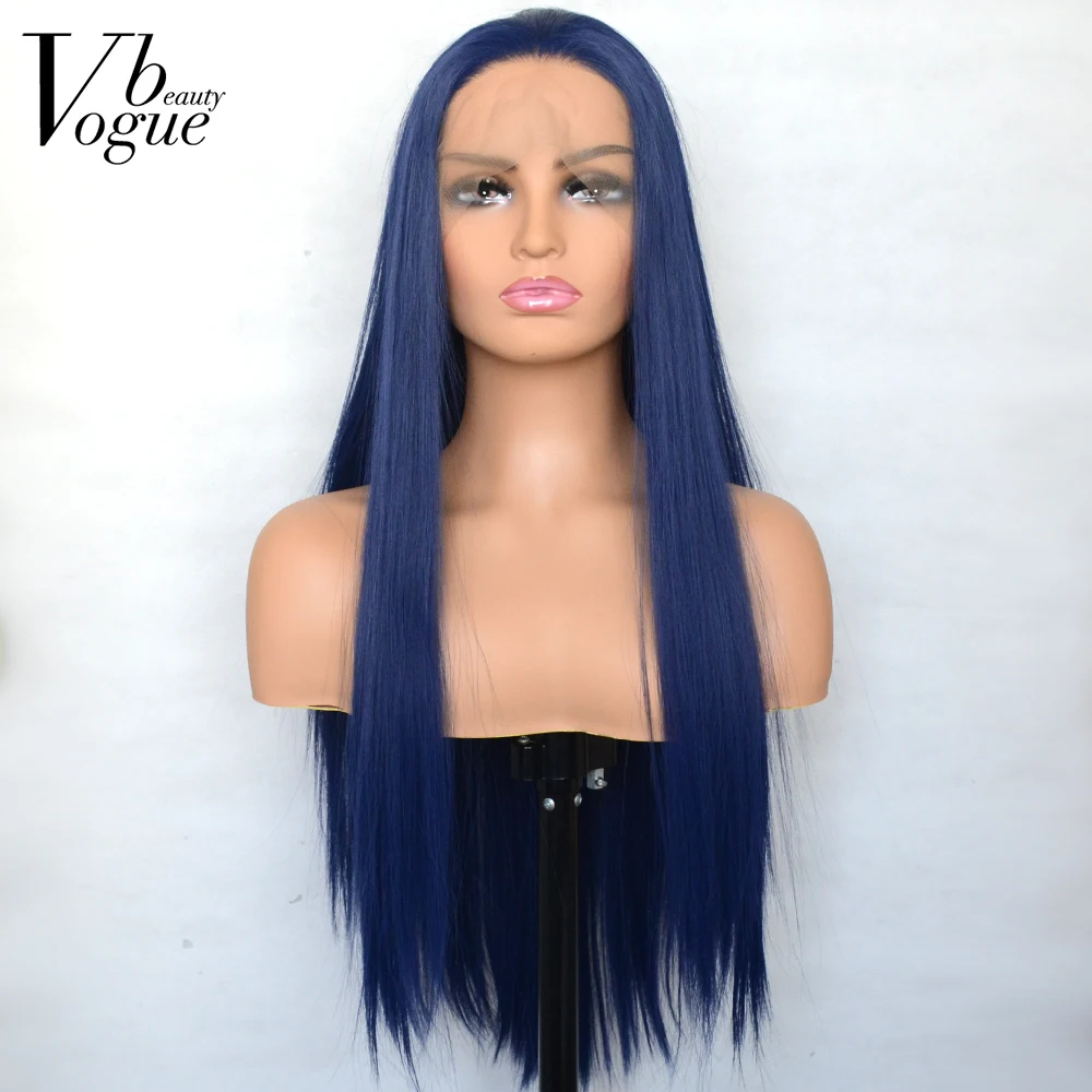 

Voguebeauty Dark Blue Synthetic Lace Front Wig Silky Straight Heat Resistant Fiber Natural Hairline Cosplay For Women