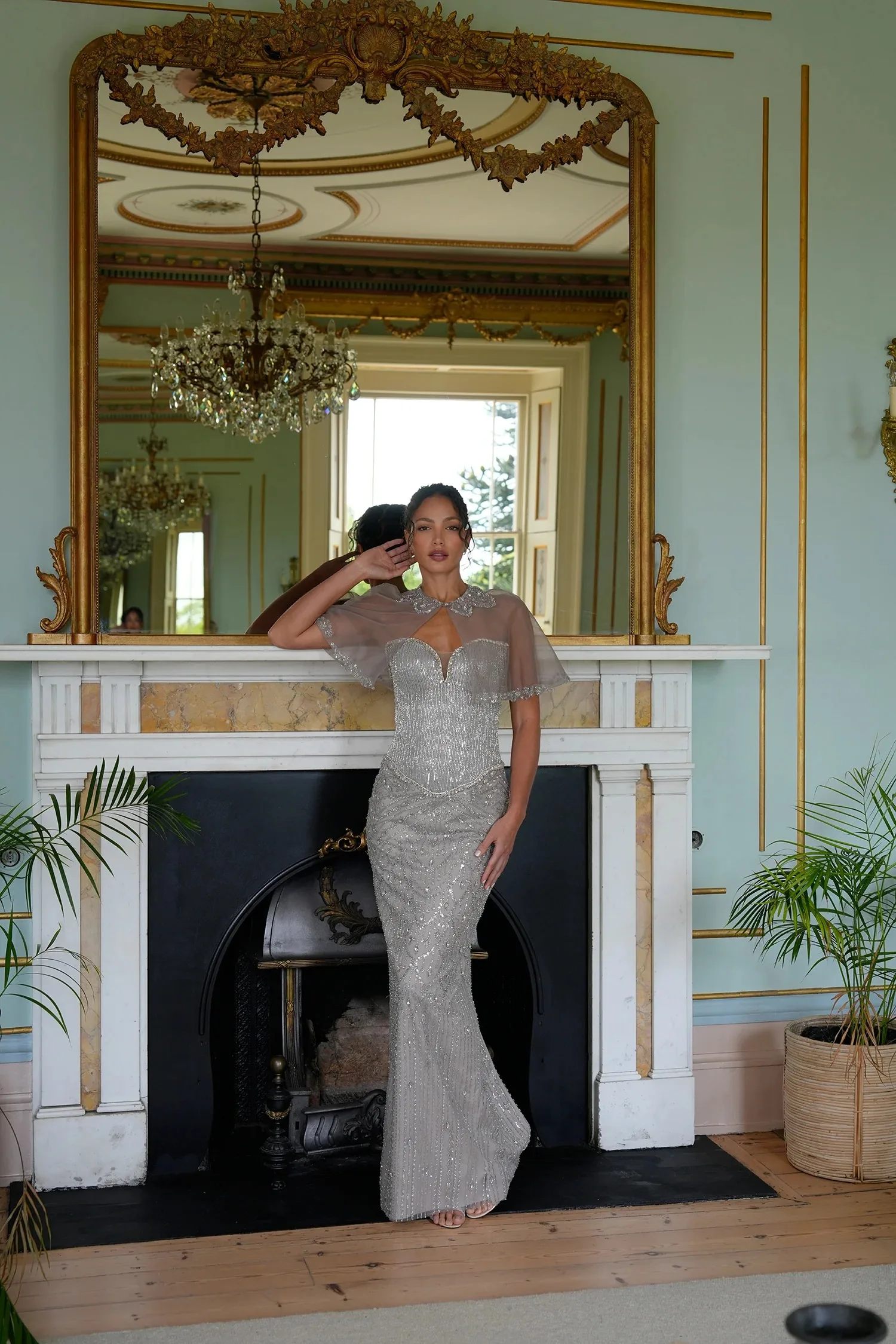 Luxury Silver Beaded Mermaid Dress with Sheer Tulle Capelet and Crystal Detail Women Gala Evening Gown Customized B262899