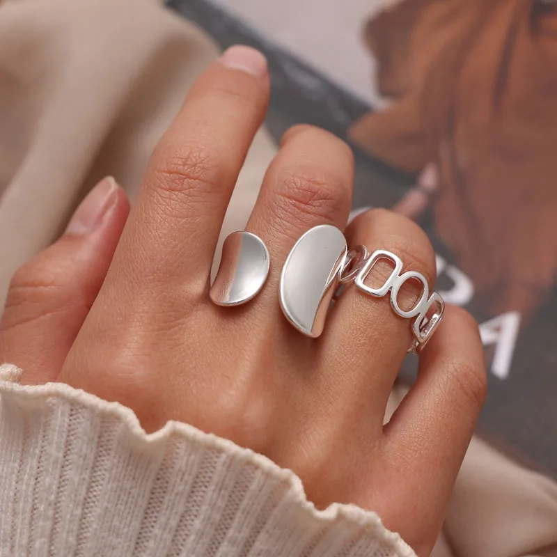 925 Sterling Silver Simple Punk Hollow Rings For Women Geometric Fashion Open Adjustable Handmade Party Jewelry Gift Allergy