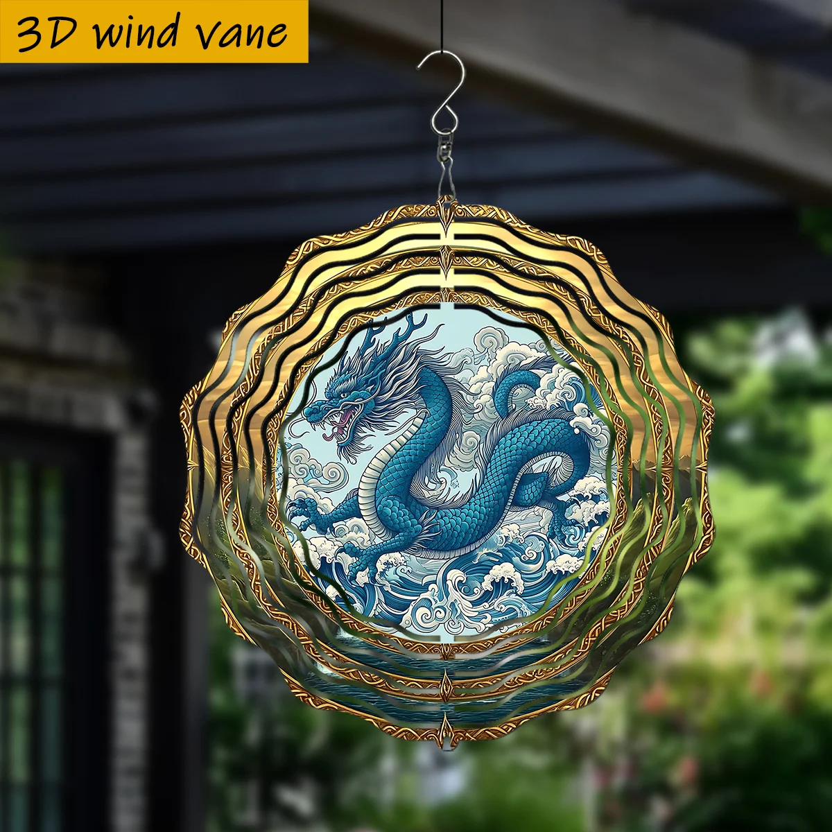 CIFBUY 3D Blue Dragon Wind Chime Metal Spinner with 360 Rotating Hook Kinetic Hanging Ornament for Garden Patio Outdoor Indoor H