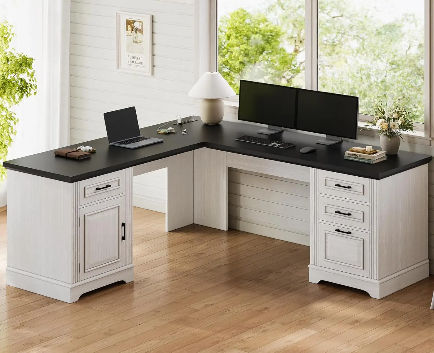 

Farmhouse Executive L Shaped Desk, Home Office Desk with File Drawer and Power Outlet, Computer Corner Desk, White