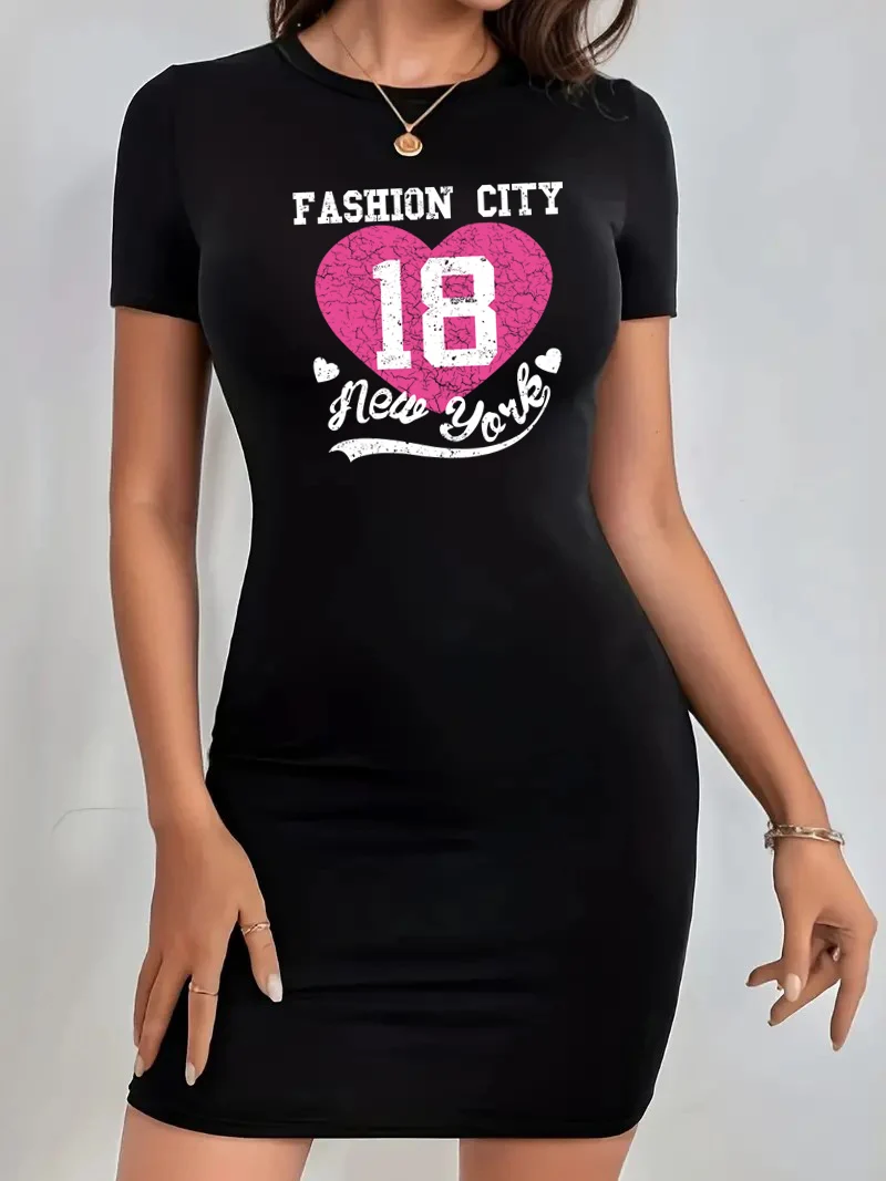 

18 Love printed pattern women round neck black dress, women home casual short-sleeved dress girl one-piece clothing