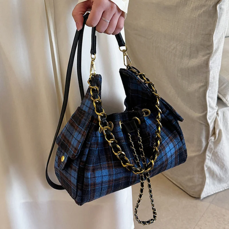 

Stylish Plaid Drawstring Bucket Bag Women's Korean Versatile Chain Shoulder Bag Multi-pocket Magnetic Snap Casual Handbag