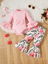 Baby Girls 2Pcs Sweet Cute Pit Strip Multi-Layer Ruffle Flare Sleeve Triangle Bodysuit with Floral Flare Pants for All Seasons