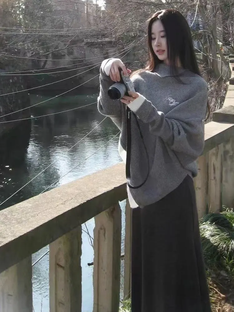 

Корейский Sle Sweet Faion асимметричный капюшон с высоким воротником Ne вязаный свитер женская юбка с высокой талией комплект из двух предметов