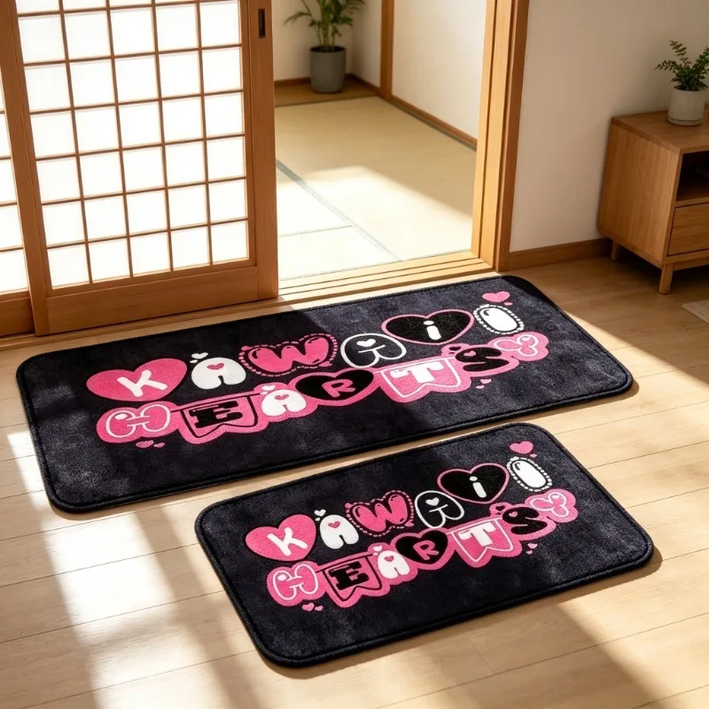Kawaii Hearts Flannel Floor Mat， Black Pink Cute Letter Doormat, Absorbent Rug for Kitchen Bedroom Entryway Indoor Home Decor