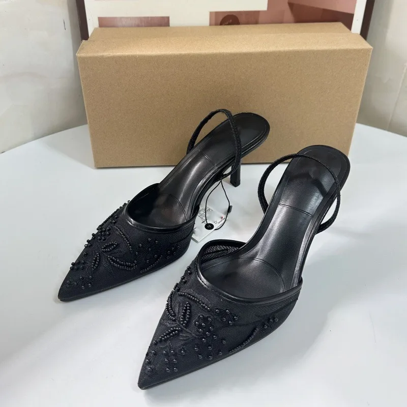 Women 2025Summer Sexy Slingback Pointed Toe Thin High Heels Dress Shoe Elegant Mesh Embroidered Flowers Designer Heeled Sandals