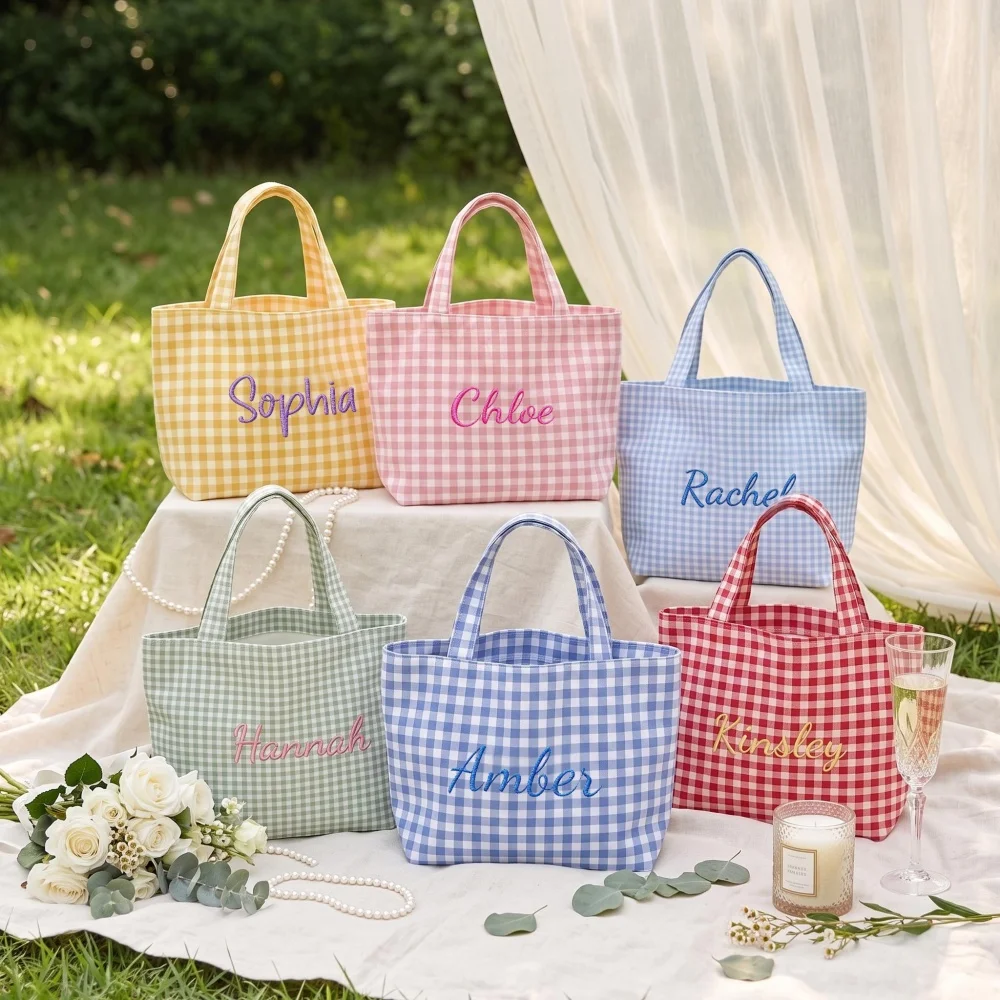 Multicolor Gingham Plaid Tote Bag Custom Embroidered Name Bridesmaid Gift Canvas Shoulder Bag Bachelorette Party Supplies