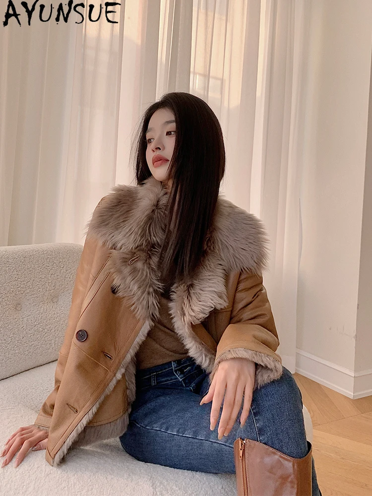 AYUNSUE 2025 New Shearling Jacket Woman 100% Natural Wool Jackets for Woman Clothes Short Fahsion Fur Jacket Ropa Para Mujer