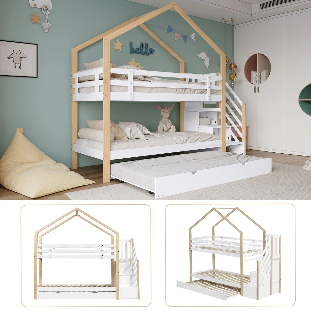 PINGGO Naturweißes Holzhausbett 90x200+90x190cm Kinder-Etagenbett mit Rutsche, Treppe, 3 Schubladen, Sicherheitsgeländer, ohne Matratze – Detail 9