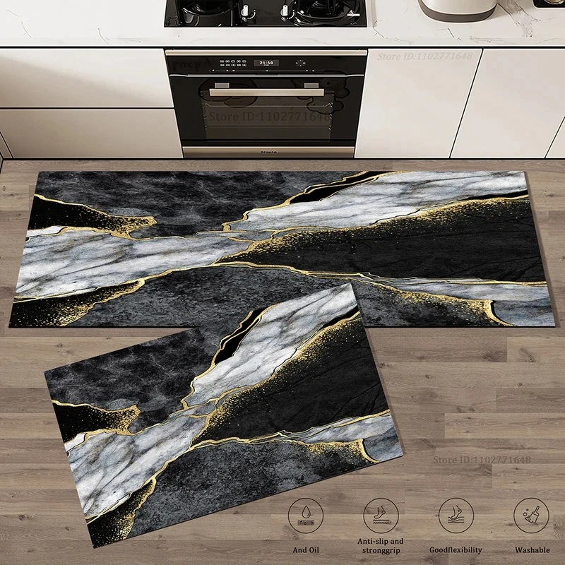 VIKAMA Luxury Black Gold Marble Kitchen Runner Rug Anti-slip Oil-resistant Washable Mat for Kitchen Sink Laundry Room