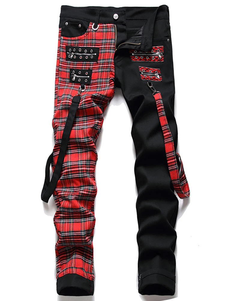 

Men's Punk Straight Leg Jeans Rivet Decorated Denim Pants Fashion Urban Style Casual Loose Fit Trousers for Daily Wear