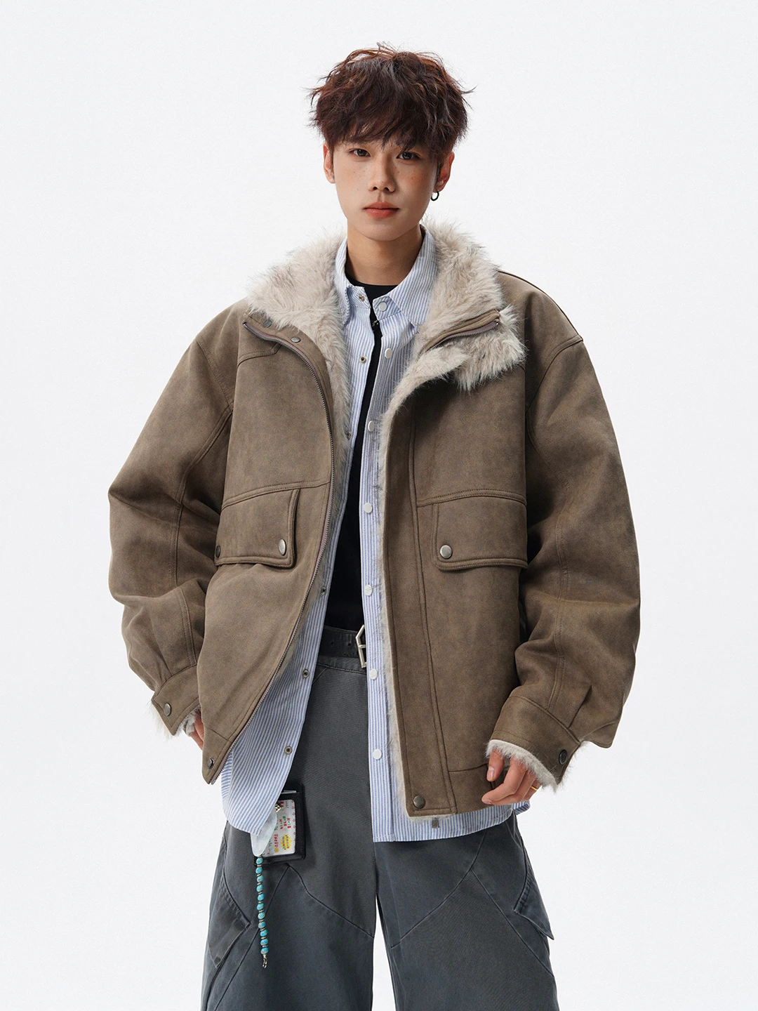 

Теплый замшевый мотоциклетный джет Thiened, мужской хлопковый джерт, зимняя изоляционная американская длинная молния, повседневная верхняя одежда